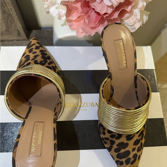 Aquazzura Leopard Print Mules with Gold Accents